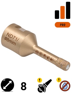 Koronka do gresu Nozar o średnicy 8mm do wiercenia na sucho przy użyciu szlifierki kątowej.
