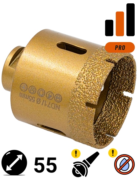 Koronka do gresu Nozar o średnicy 55mm do wiercenia na sucho przy użyciu szlifierki kątowej.