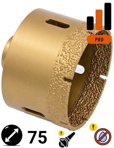 Koronka do gresu Nozar o średnicy 75mm do wiercenia na sucho przy użyciu szlifierki kątowej.