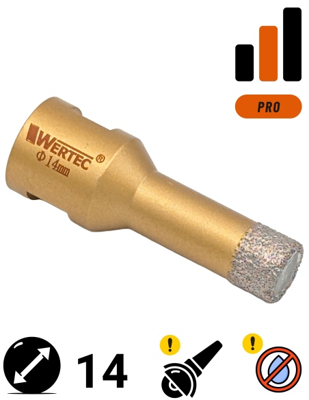 Koronka do gresu Wertec o średnicy 14mm do wiercenia na sucho przy użyciu szlifierki kątowej.