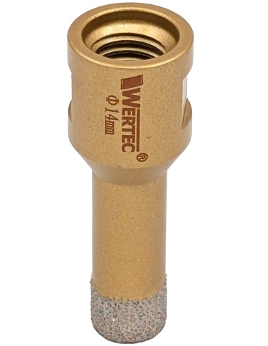 Koronka do gresu Wertec o średnicy 14mm do wiercenia na sucho przy użyciu szlifierki kątowej. Koronka do gresu Wertec o średnicy 14mm do wiercenia na sucho przy użyciu szlifierki kątowej.