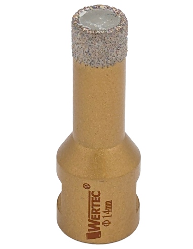Koronka do gresu Wertec o średnicy 14mm do wiercenia na sucho przy użyciu szlifierki kątowej. Koronka do gresu Wertec o średnicy 14mm do wiercenia na sucho przy użyciu szlifierki kątowej.