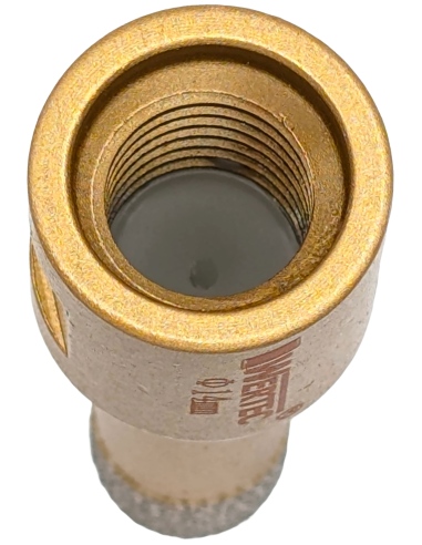 Koronka do gresu Wertec o średnicy 14mm do wiercenia na sucho przy użyciu szlifierki kątowej. Koronka do gresu Wertec o średnicy 14mm do wiercenia na sucho przy użyciu szlifierki kątowej.