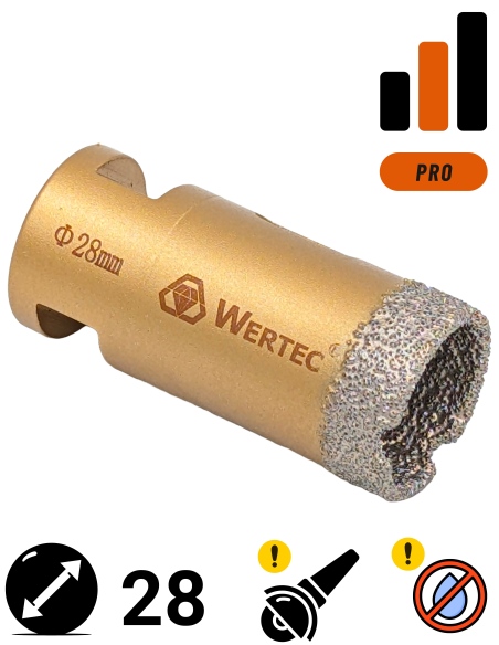Koronka do gresu Wertec o średnicy 28mm do wiercenia na sucho przy użyciu szlifierki kątowej.