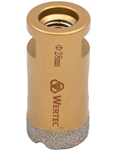 Koronka do gresu Wertec o średnicy 28mm do wiercenia na sucho przy użyciu szlifierki kątowej. Koronka do gresu Wertec o średnicy 28mm do wiercenia na sucho przy użyciu szlifierki kątowej.
