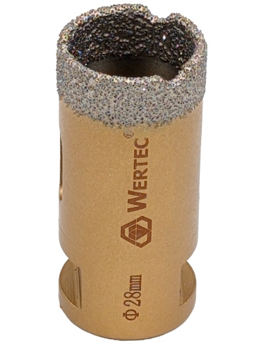 Koronka do gresu Wertec o średnicy 28mm do wiercenia na sucho przy użyciu szlifierki kątowej. Koronka do gresu Wertec o średnicy 28mm do wiercenia na sucho przy użyciu szlifierki kątowej.