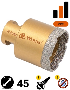Koronka do gresu Wertec o średnicy 45mm do wiercenia na sucho przy użyciu szlifierki kątowej.