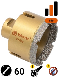 Koronka do gresu Wertec o średnicy 60mm do wiercenia na sucho przy użyciu szlifierki kątowej.