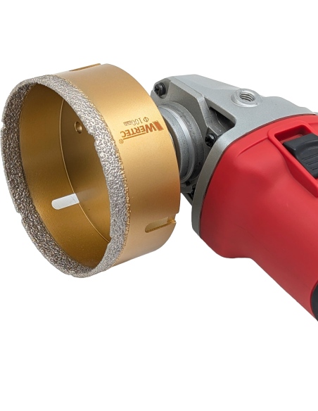 Koronka do gresu Wertec o średnicy 100mm do wiercenia na sucho przy użyciu szlifierki kątowej.