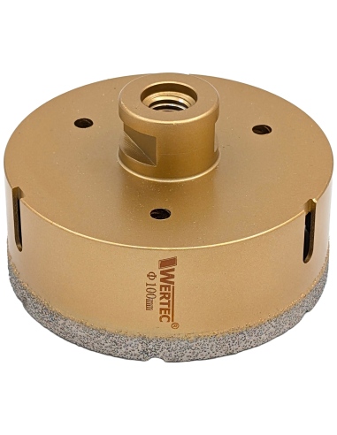 Koronka do gresu Wertec o średnicy 100mm do wiercenia na sucho przy użyciu szlifierki kątowej.