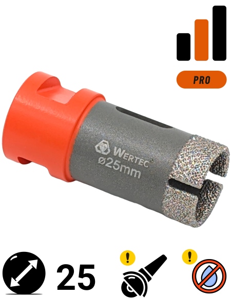 Koronka do gresu Wertec Matrix o średnicy 25mm do wiercenia na sucho przy użyciu szlifierki kątowej.