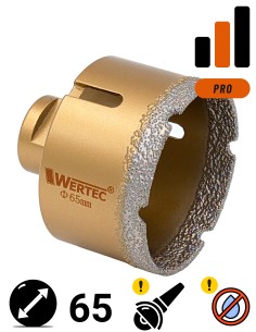Koronka do gresu Wertec o średnicy 65mm do wiercenia na sucho przy użyciu szlifierki kątowej.