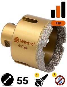 Koronka do gresu Wertec o średnicy 55mm do wiercenia na sucho przy użyciu szlifierki kątowej.