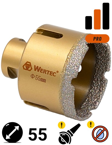 Koronka do gresu Wertec o średnicy 55mm do wiercenia na sucho przy użyciu szlifierki kątowej.
